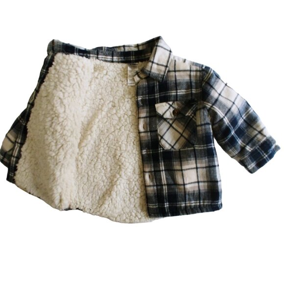 George Blue Gray White Plaid Button Down Sherpa Shacket 6-12 Months - Picture 7 of 7